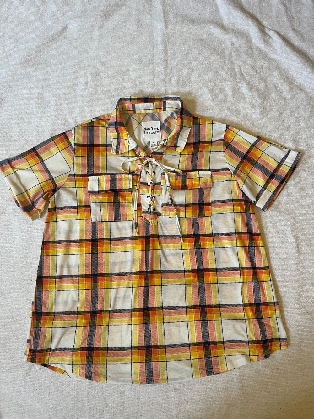 New York Laundry Yellow Orange Plaid Lace-Up Short Sleeve Top